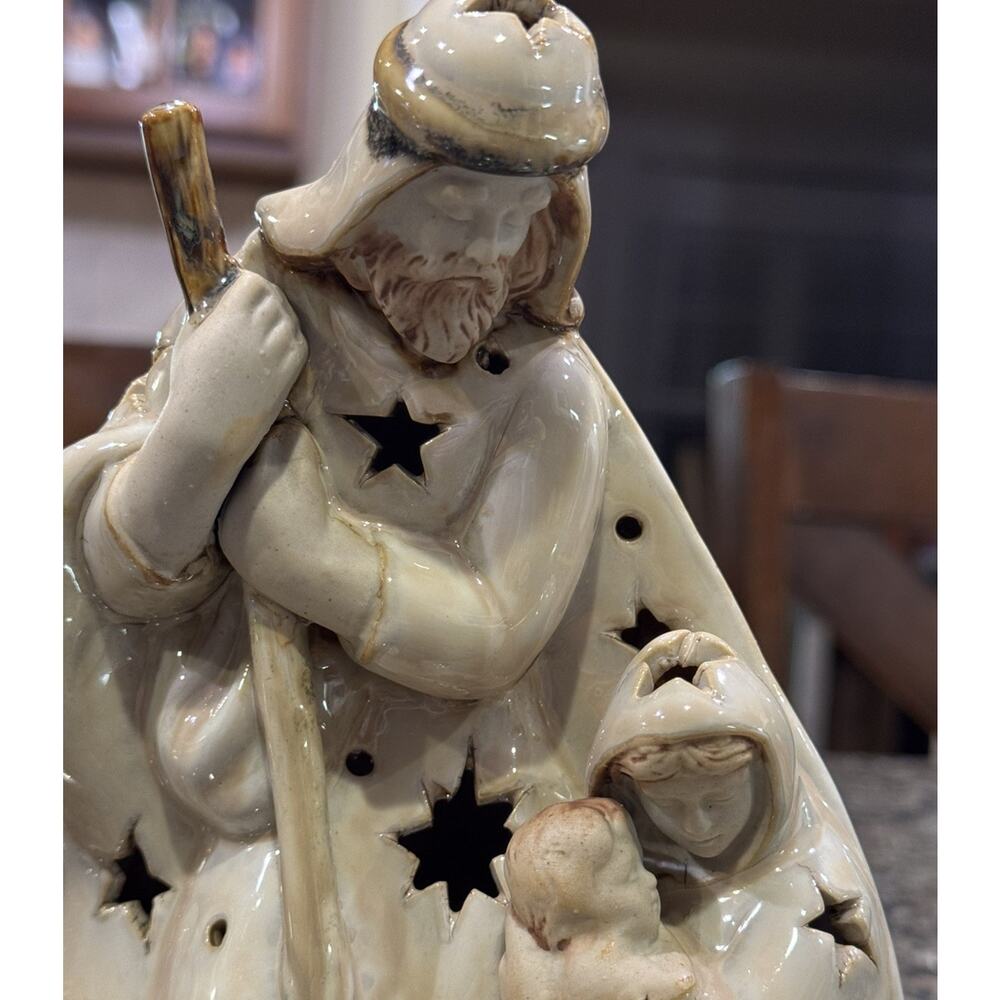 Vtg Mary Joseph Jesus Stars Nativity Scene Ceramic Stoneware Tea Lite Figurine